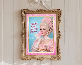 Può includere: Stampa incorniciata raffigurante una donna in abito rosa che soffia una bolla di gomma da masticare. La stampa presenta il testo "Sugar, Spice, and Zero Patience". La cornice dorata ha dettagli ornati e la stampa è appesa a un fiocco bianco.