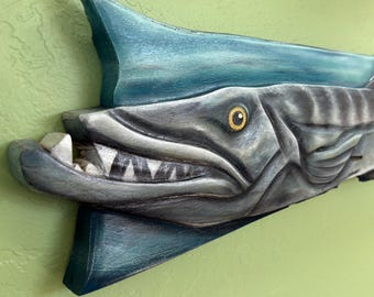 Barracuda. Blue water. Hand carved and painted.