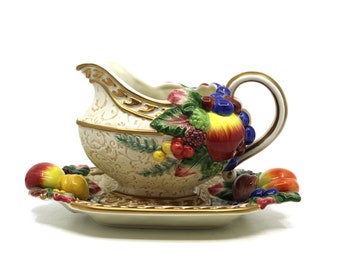 Vintage Fitz and Floyd Venezia Gravy Boat and Underplate circa 1990s, Thanksgiving Dining Table, ornate embossed fruit