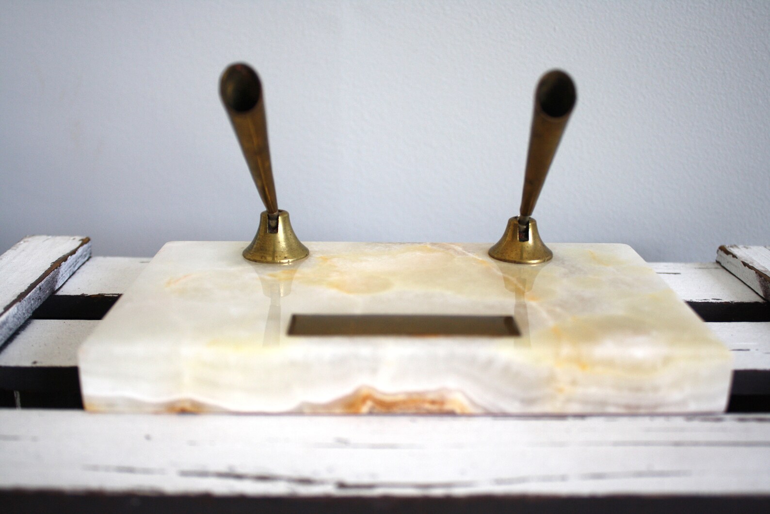 Vintage Desk Set Double Pen Holder Marble with Brass Etsy