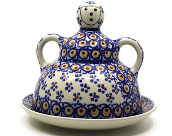 Adorable beurrier ou garde-fromage « Käsemarie » en céramique Bunzlauer Ceramics vintage : poterie polonaise peinte à la main