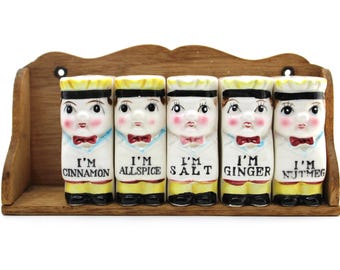 Vintage Japan Ceramic Baker Boy Spice Rack and Jars