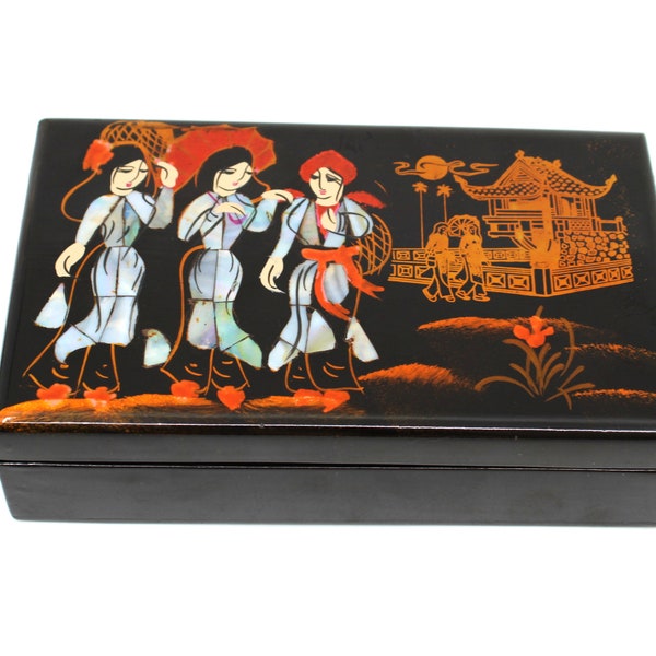 Vintage Asian Black Lacquer Jewelry Trinket Box - Hand Painted Front with Inlay Abalone Shell