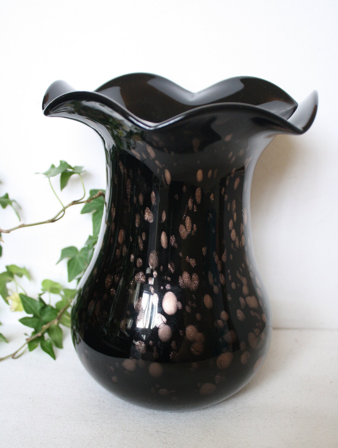 Vintage Murano Italy Art Glass Ruffled Edge Vase Black With Etsy