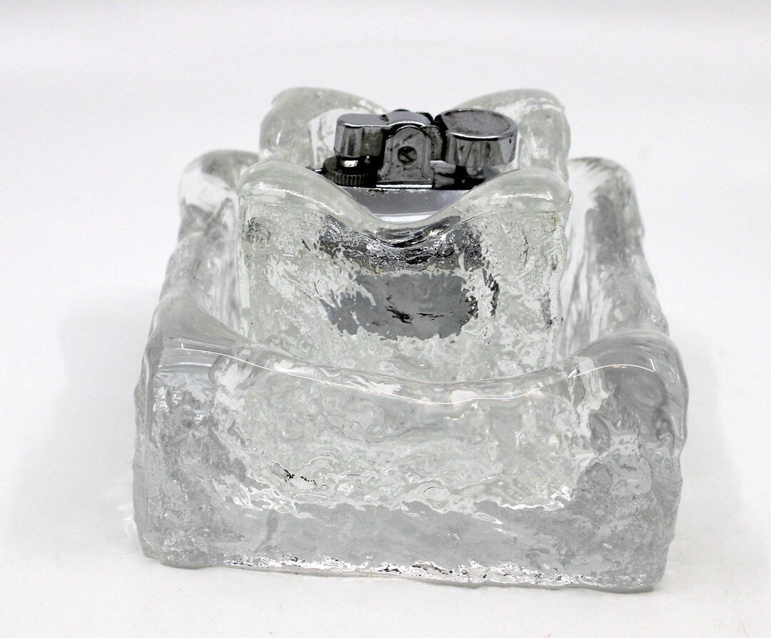 Vintage Whitefriars Art Glass Table Lighter and Ashtray Set. Bark or