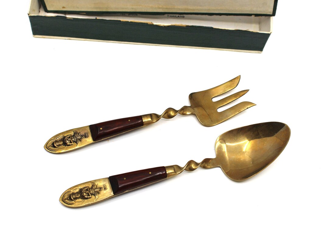 Vintage SIAM Flatware Brass Set Serving Fork and Spoon Salad Set Etsy