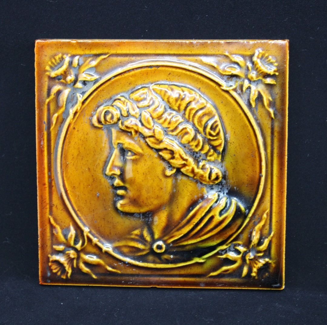 Vintage Embossed Art Pottery Fireplace Tile Majolica Glazed Portrait