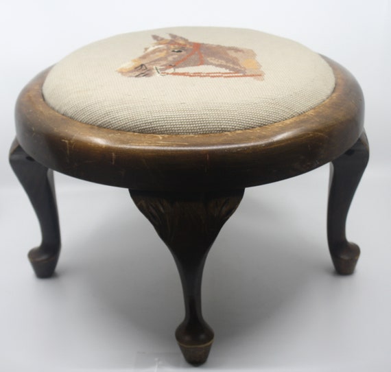 Antique Hand Made Round Needlepoint Foot Stool Foot Rest With Etsy