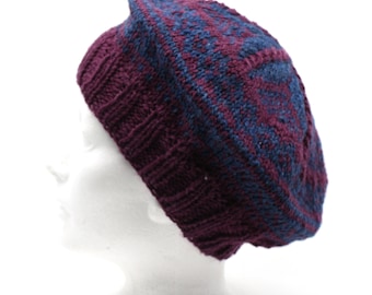 Hand Knit 100% Wool, Navy and Burgundy Hat, Tam, Beret