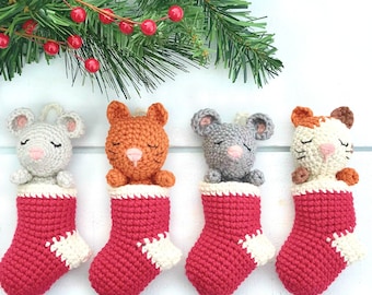 Amigurumi Stocking Pattern, Crochet Christmas Pattern, Crochet Christmas Stockings, Mouse and Kitten Ornaments, Crochet Stocking Ornaments