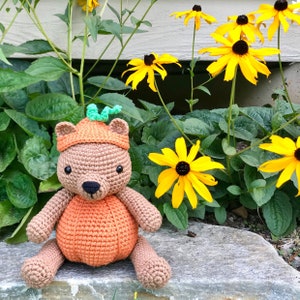 Könnte beinhalten: Ein gehäkelter brauner Bär, der ein gehäkeltes orangefarbenes Kürbis-Kostüm mit grünen Blättern trägt. Der Bär sitzt auf einem grauen Stein mit gelben Blumen im Hintergrund.