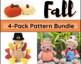 May include: A 4-pack crochet pattern bundle featuring fall-themed designs. The bundle includes patterns for a pumpkin, a turkey, a scarecrow, and a pumpkin-wearing bear.