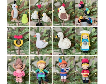 May include: Twelve handmade crocheted ornaments, including a swan, a bird, a pear, a wreath, a ballerina, a soldier, a drummer, and a chef. The ornaments are all hanging on a Christmas tree.