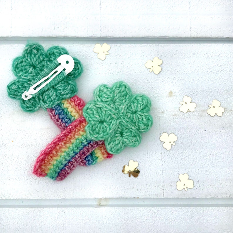 Crochet Shamrock Pattern, St. Patrick's Day Crochet Pattern, Shamrock Hair Clip, Rainbow Hair Clip, Crochet St. Patrick's Day Hair Clip image 1