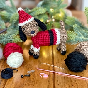 Christmas Crochet Kit, DIY Crochet Ornament Kit, Amigurumi Kit, Crochet Supplies, Christmas Dachshund Crochet Kit, Crochet Santa Dog Kit