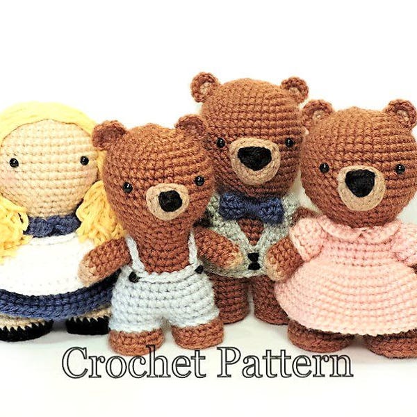 Crochet Toy Pattern, Goldilocks and Three Bears Amigurumi Pattern, Amigurumi Toy Pattern, Crochet Bear Pattern, Crochet Doll Pattern, PDF