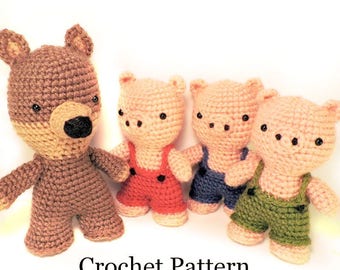 Three Pigs Crochet Pattern, Crochet Toy Pattern, Crochet Pig Pattern, Crochet Wolf Pattern, Amigurumi Pig Pattern, Crochet Doll Pattern, PDF