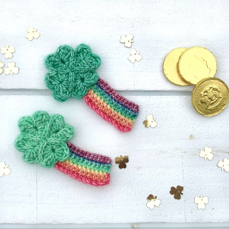 Crochet Shamrock Pattern, St. Patrick's Day Crochet Pattern, Shamrock Hair Clip, Rainbow Hair Clip, Crochet St. Patrick's Day Hair Clip image 3