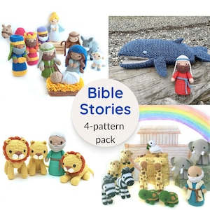 May include: A set of four crochet patterns for making amigurumi toys based on Bible stories. The patterns include a nativity scene, Noah's ark, Jonah and the whale, and the story of Daniel in the lion's den. The patterns are available as a digital download.