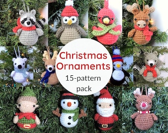 May include: A collection of 15 crochet Christmas ornament patterns. The patterns include a variety of animals, including a reindeer, penguin, owl, raccoon, and a snowman. The patterns are available as a digital download.