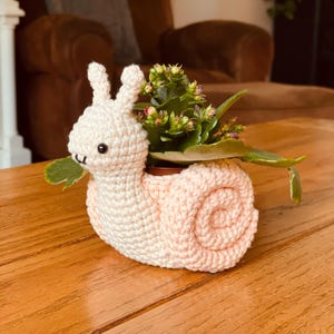 Puede incluir: Una maceta de caracol hecha a mano con ganchillo en crema y rosa claro. El caracol tiene una concha en espiral y sostiene una pequeña planta en maceta con hojas verdes y pequeñas flores rojas. El caracol está sobre una superficie de madera.
