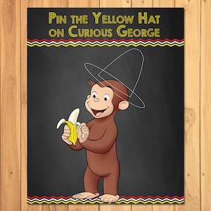 Pin the Hat on Curious George Chalkboard Party Game Curious George Printable Curious George Pin the Tail Game Curious George Party image 1