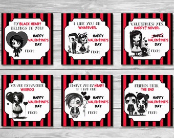 Goth San Valentino Cards-Instant Download Cartoline di San Valentino stampabili - 3x3 pollici Spooky Valentine-Emo Valentine-School Valentines-Horror