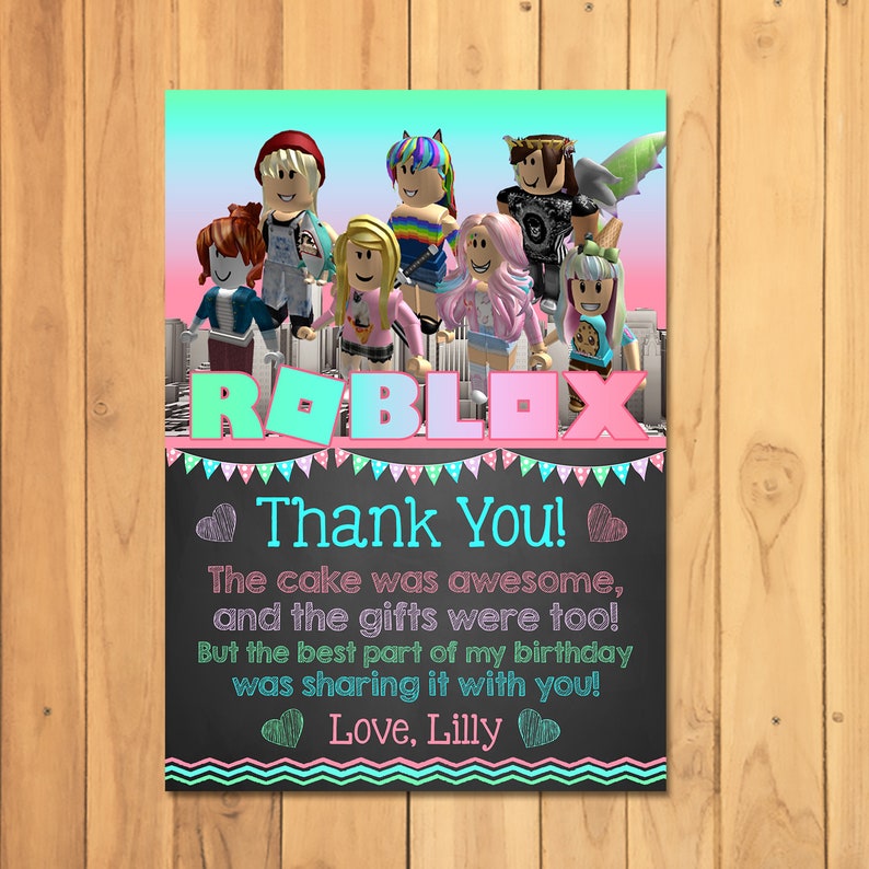 Girl Roblox Thank You Card Pink Roblox Birthday Party Etsy - image 0