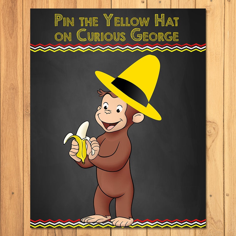 Pin the Hat on Curious George Chalkboard Party Game Curious George Printable Curious George Pin the Tail Game Curious George Party image 2