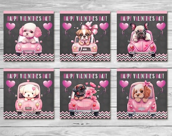 Cartoline di San Valentino con cuccioli rosa - Download istantaneo - Stampabili 3x3 pollici - Cartoline di San Valentino con cagnolini carini - San Valentino per bambini