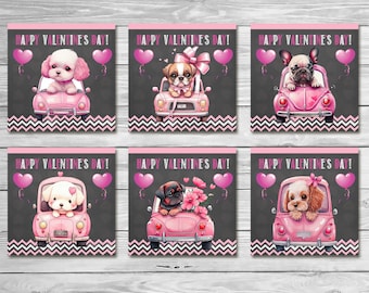 Pink Puppy Valentine Cards - Instant Download - Printable 3x3 inch - Cute Doggy Valentine Cards - Childrens Valentines