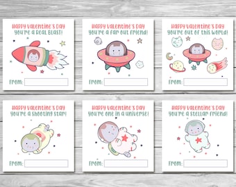 Cat Valentines Cards - Space Themed Valentine's Instant Download - Printable - Cards Set - 3x3 inch * Valentine’s  Party Favors