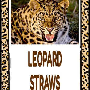 May include: A close-up of a leopard's face with an open mouth, set against a background of green foliage. The image is framed by a leopard print border with the text "LEOPARD STRAWS" in brown letters.