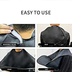 Op de afbeelding: Zwarte haar knip cape met verstelbare klittenbandsluiting. De cape heeft een voor-, achter- en zijkant. De tekst "EASY TO USE" staat bovenaan de afbeelding.