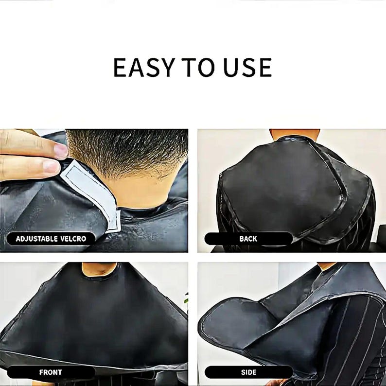 Op de afbeelding: Zwarte haar knip cape met verstelbare klittenbandsluiting. De cape heeft een voor-, achter- en zijkant. De tekst "EASY TO USE" staat bovenaan de afbeelding.