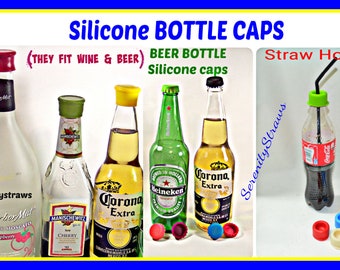 SILICONE BOTTLE CAPS, Wine, Beer, Soda & Straw Hole Caps!!