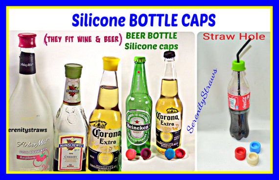 SILICONE BOTTLE CAPS, Wine, Beer, Soda & Straw Hole Caps 