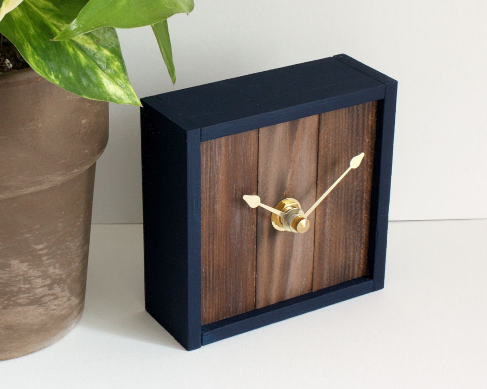Navy Blue Framed Desk Clock Rustic Modern Small Square Wood Etsy