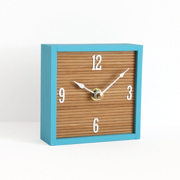 Square Desk Clock, Turquoise Blue, Colorful Wood and Bamboo Clock, Unique Gift