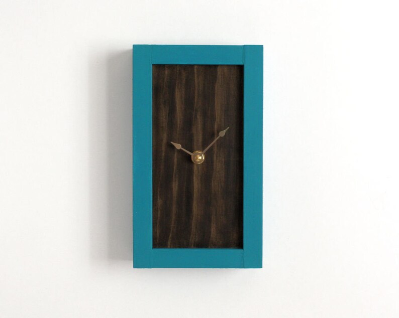 Rectangular Wood Wall Clock Small Clock With Teal Frame Home Etsy