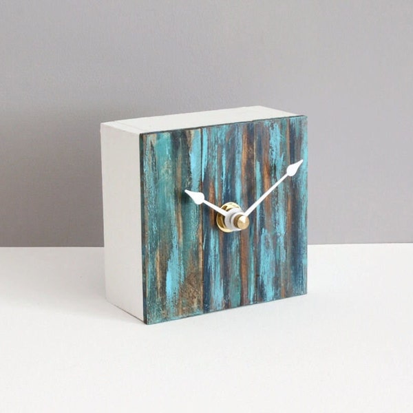 Small Hand Painted Wood Desk Clock, Modern Rustic Farmhouse Table Clock