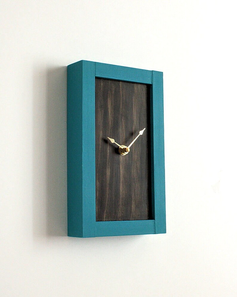 Rectangular Wood Wall Clock Small Clock With Teal Frame Home Etsy
