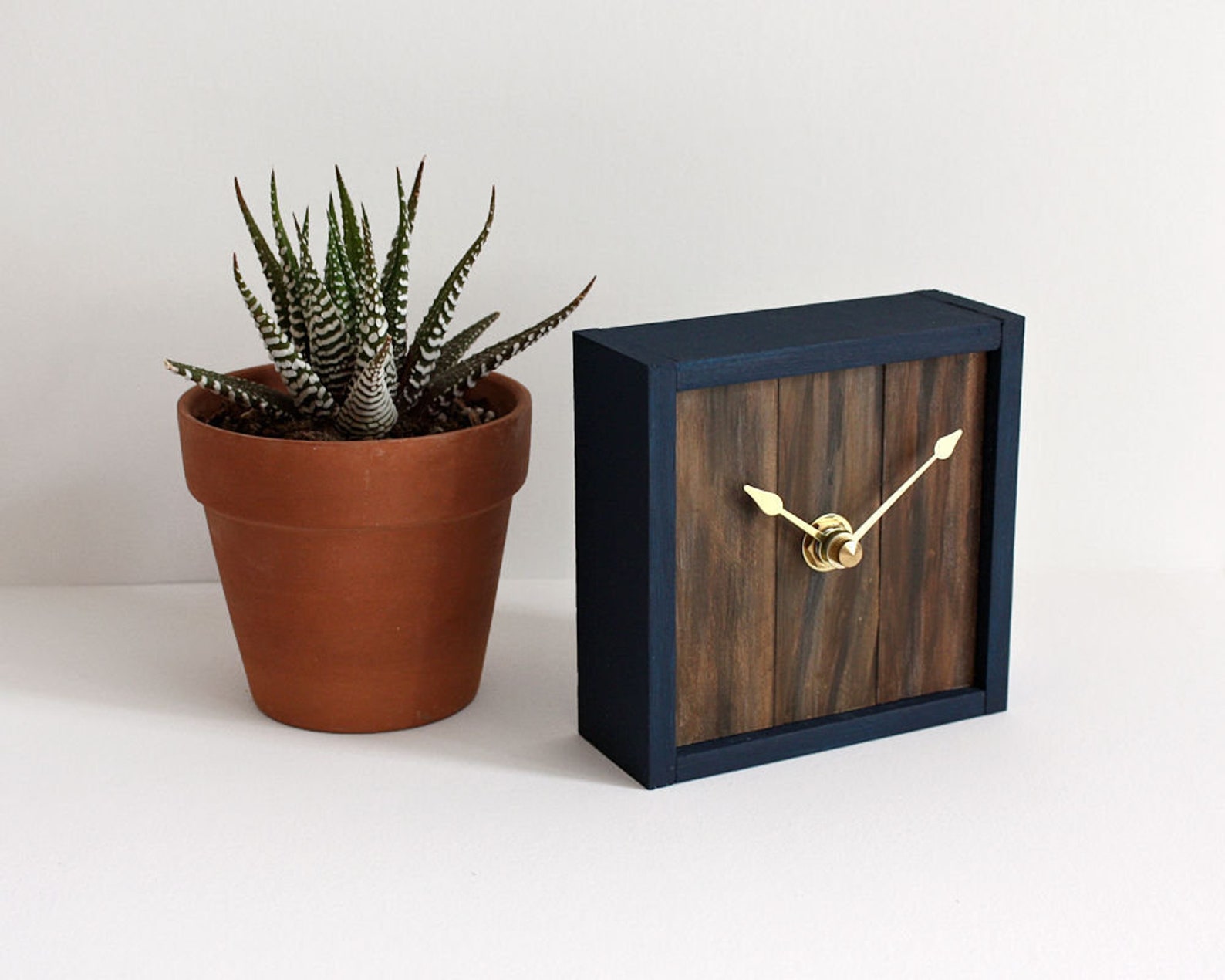 Navy Blue Framed Desk Clock Rustic Modern Small Square Wood Etsy