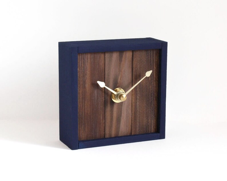 Navy Blue Framed Desk Clock Rustic Modern Small Square Wood Etsy