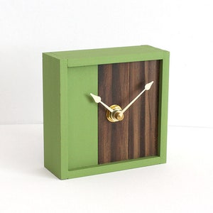 Green Desk Clock, Small Square Wood Rustic Modern Handcrafted Clock