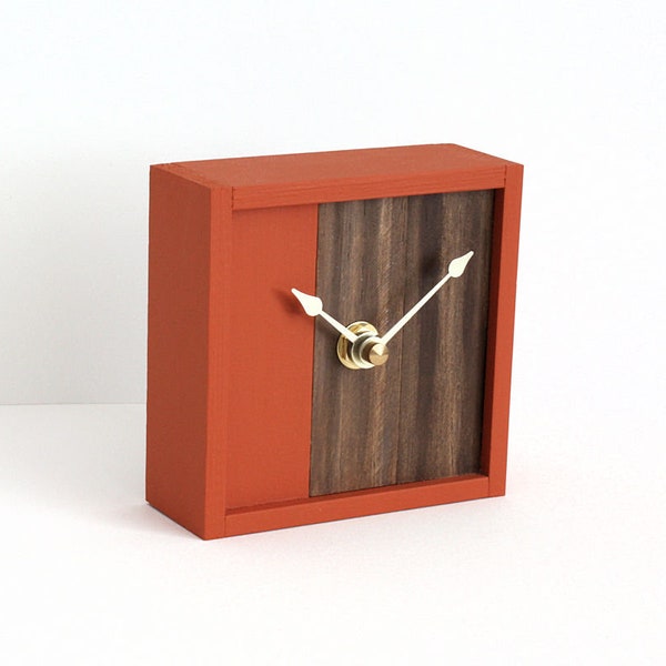 Small Orange Wood Desk Clock, Square Color Block Rustic Modern Shelf Clock