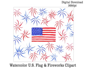Watercolor USA Flag & Fireworks Clipart | Hand Painted U.S. Patriotic Digital Download Art | July 4th Blog Scrapbook Social Media Image
