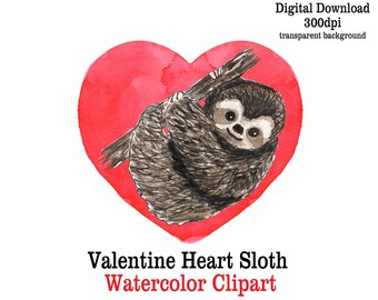 Valentine Watercolor Sloth in a Heart Digital Download Animal Valentine's Day Clipart