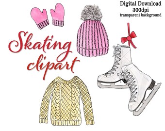 Figure Skating Clipart Hand Painted Watercolor Sweater Pom Pom Hat Mittens Ice Skates Christmas Digital Download Art Winter Skate for card