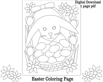 Easter Coloring Page Printable Bunny with Basket Eggs Spring Flowers Easter Kids Activity Fun Self Quarantine Digital Download Sheet